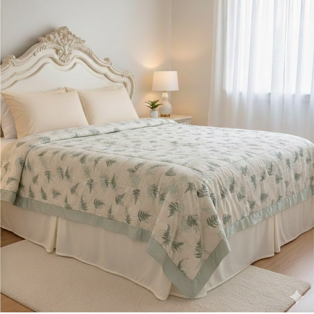 Vintage Quilt Hand Crafted Bedspread Leaf Pattern Cotton Silk Trim Cabin Green